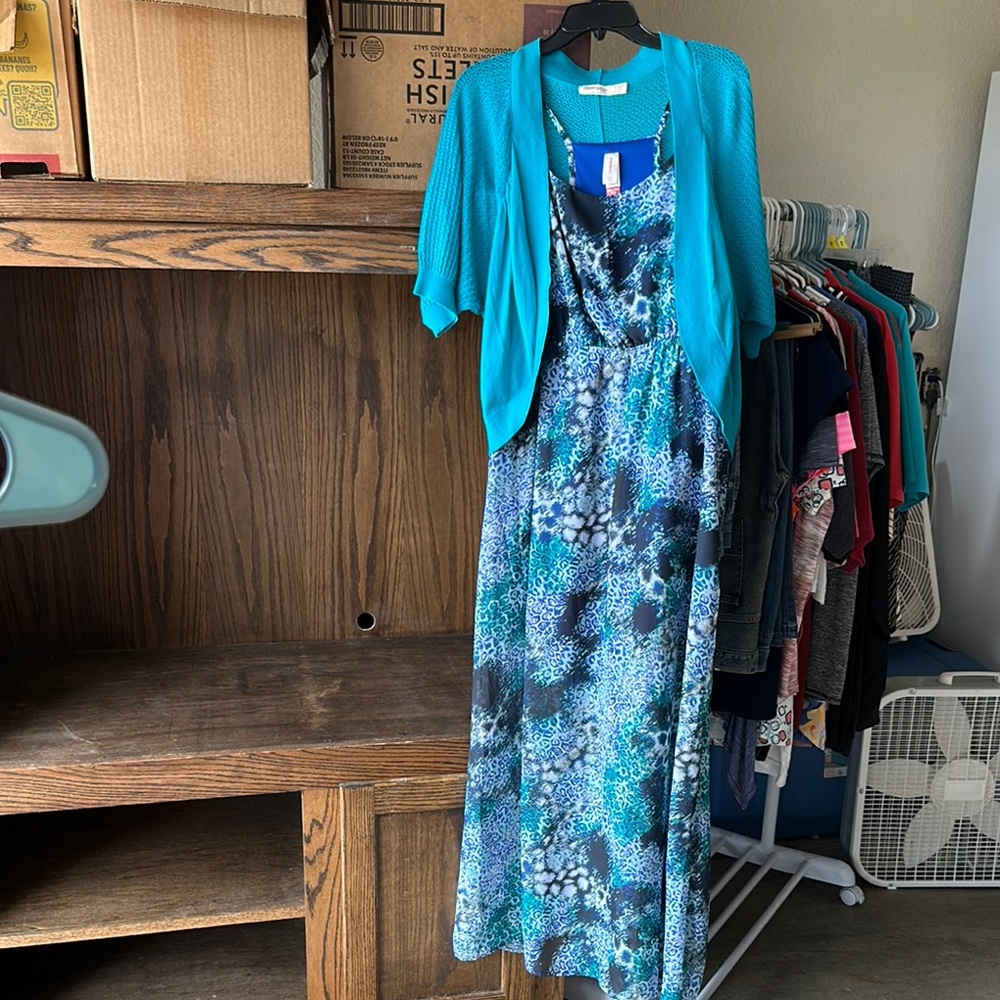 Blue and White Spaghetti Strap Maxi Dress with matching cardigan.